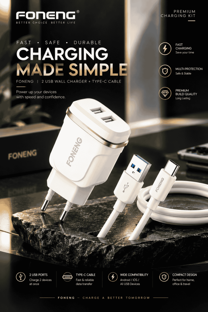 ⚡ FONENG 2-Port USB চার্জার + Type-C কেবল